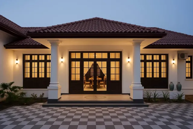 Private house, front entrance at dusk, Jaffna House Construction, Jaffna